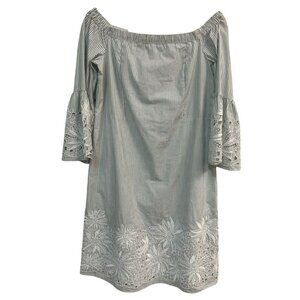 LaFayette 148 Off the Shoulder Gray White Pinstripe Dress Size Small